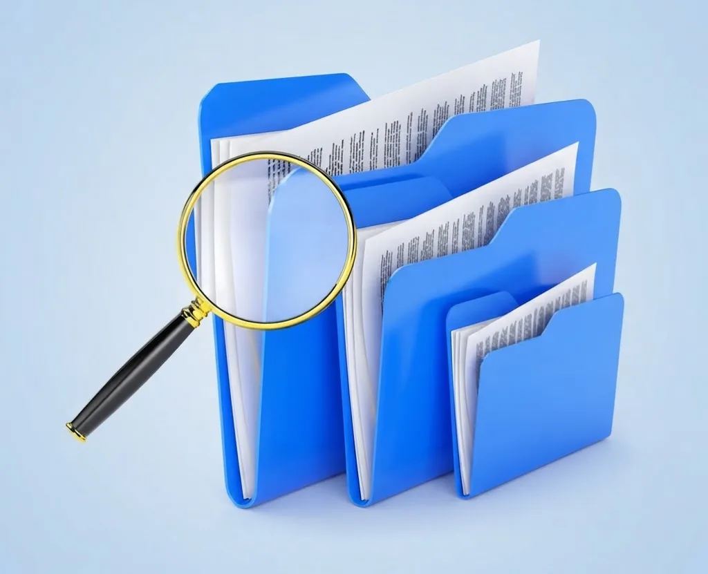 A magnifying glass over a row of document folders